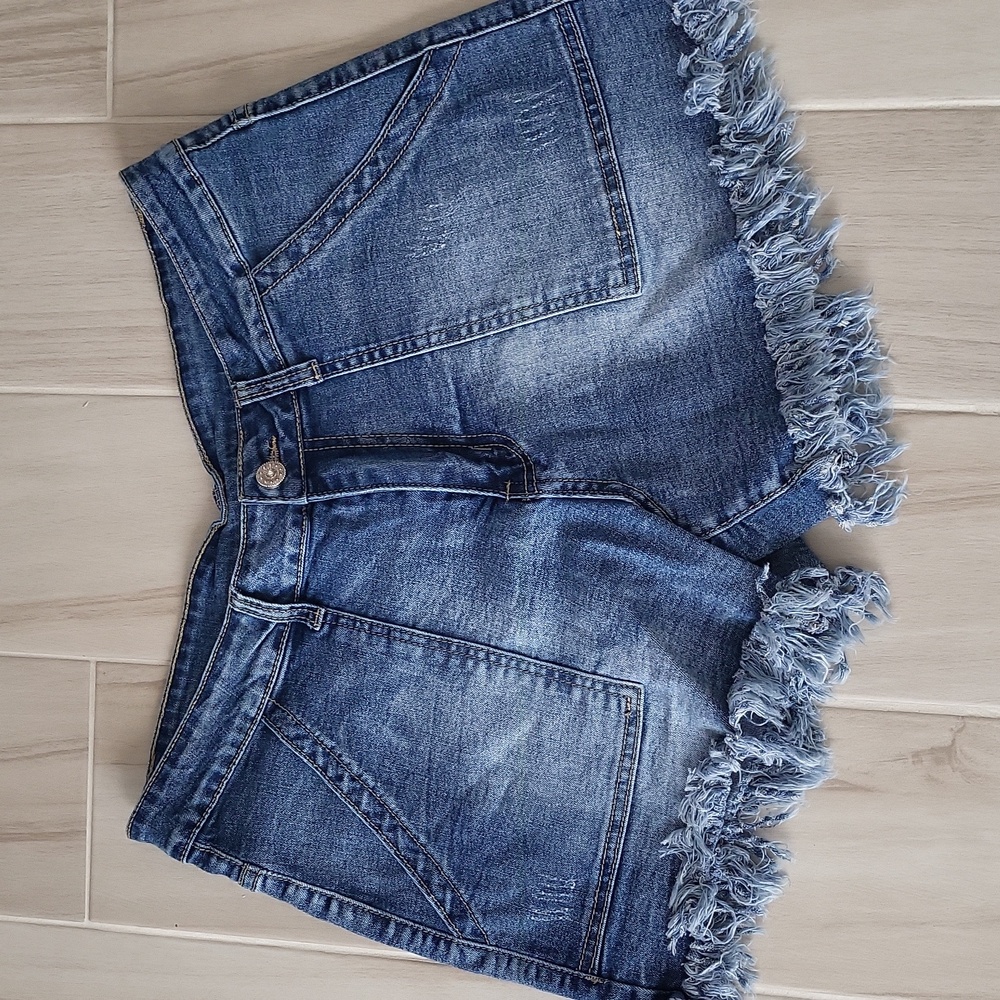 Women's Denim Jean Shorts Distressed with Fringe Hem Size L